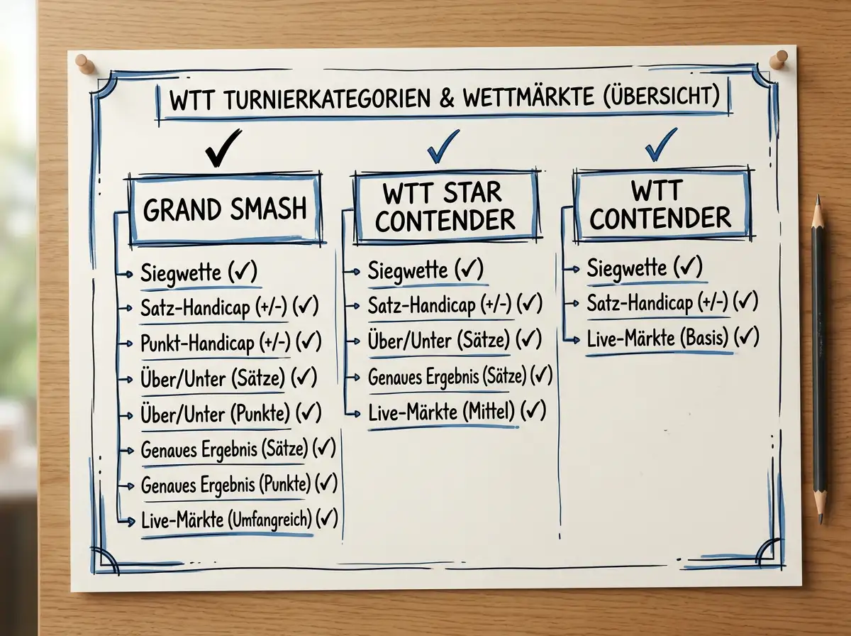 bet365 Tischtennis Marktangebot für WTT-Events: Überblick verfügbarer Wettmärkte und Turnierklassen