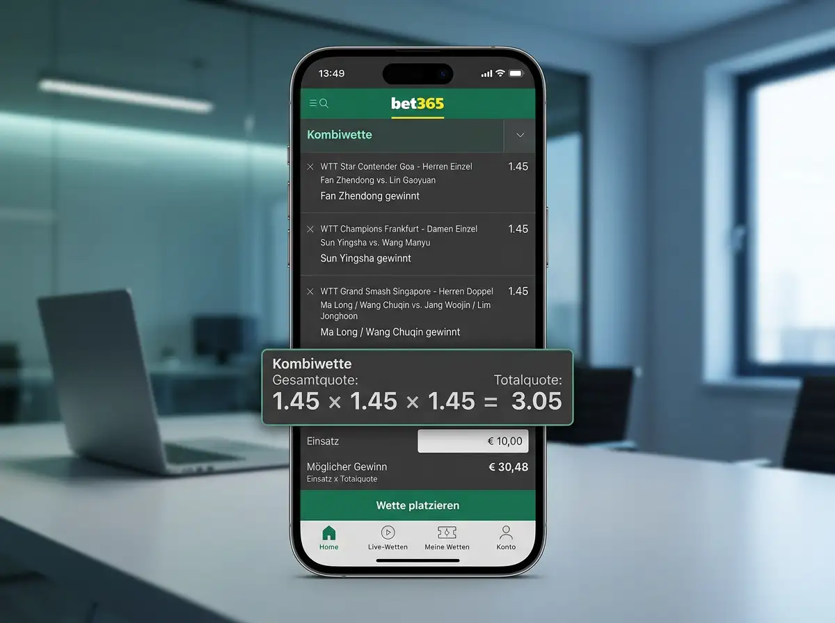 bet365 Tischtennis Wettschein mit mehreren Kombinationen auf WTT-Events und TTBL-Partien