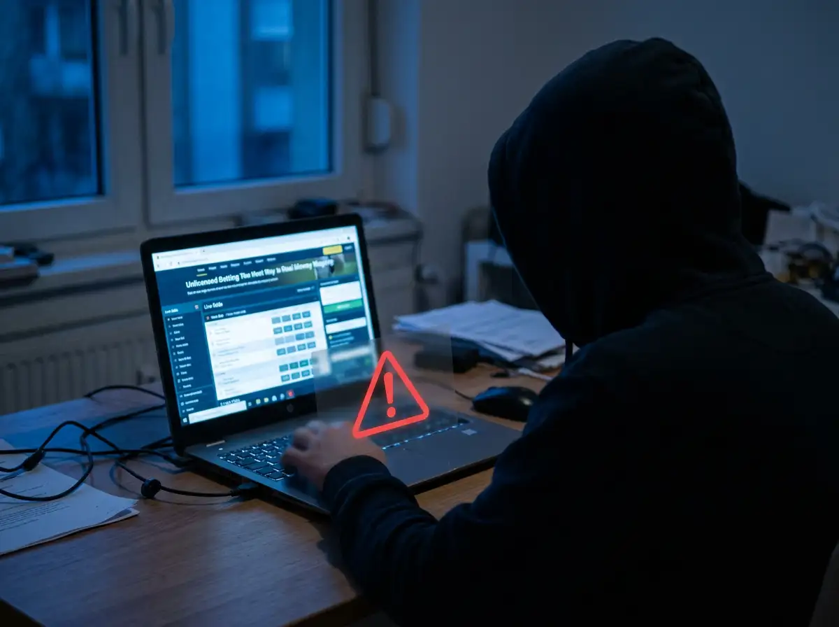 Spieler am Laptop mit Warnsymbol für Risiken bei illegalen Tischtennis-Wettanbietern