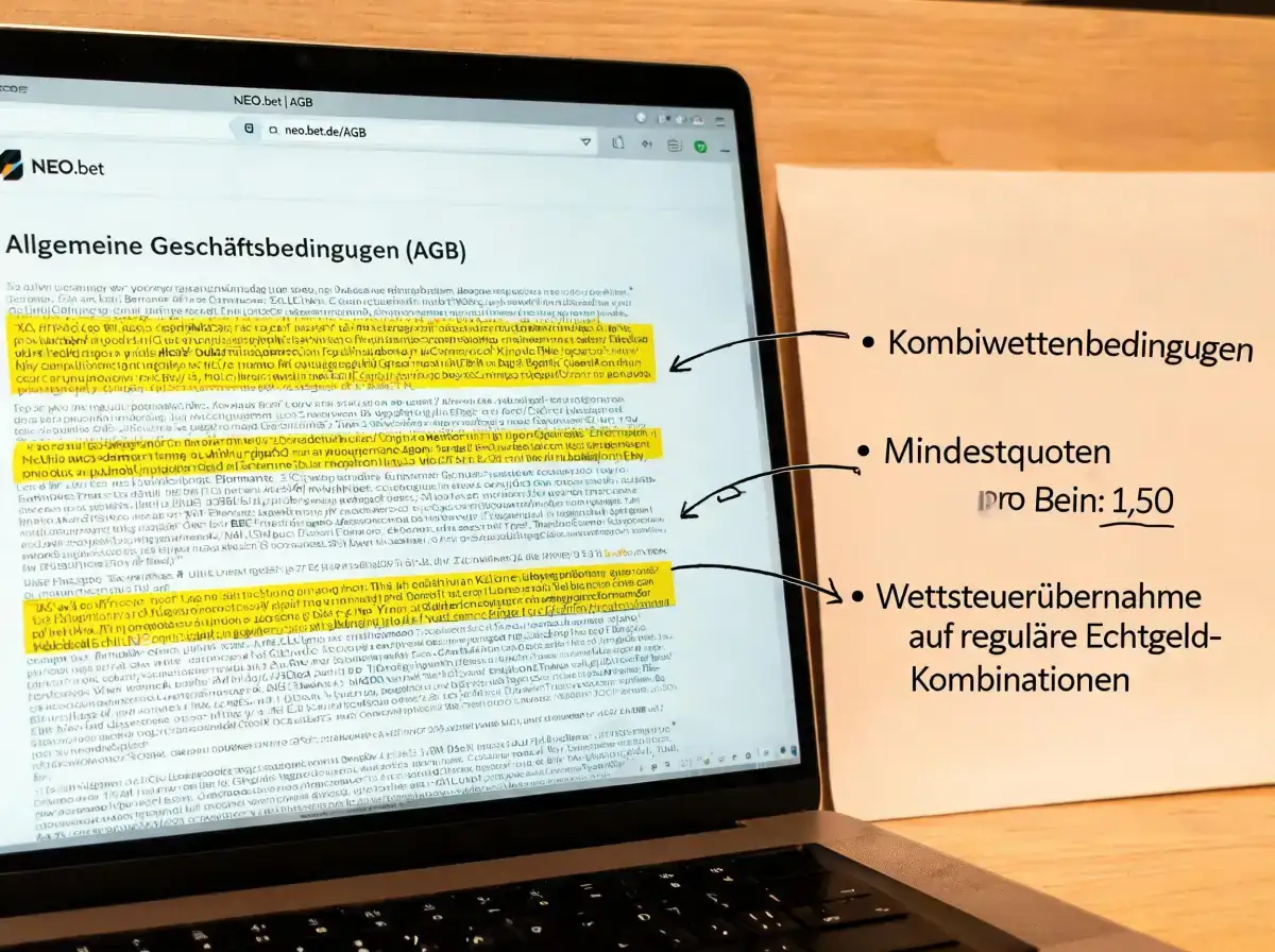 NEO.bet Nutzungsbedingungen auf einem Laptop-Bildschirm mit Markierung der relevanten Passagen zu Kombiwetten und Mindestquoten