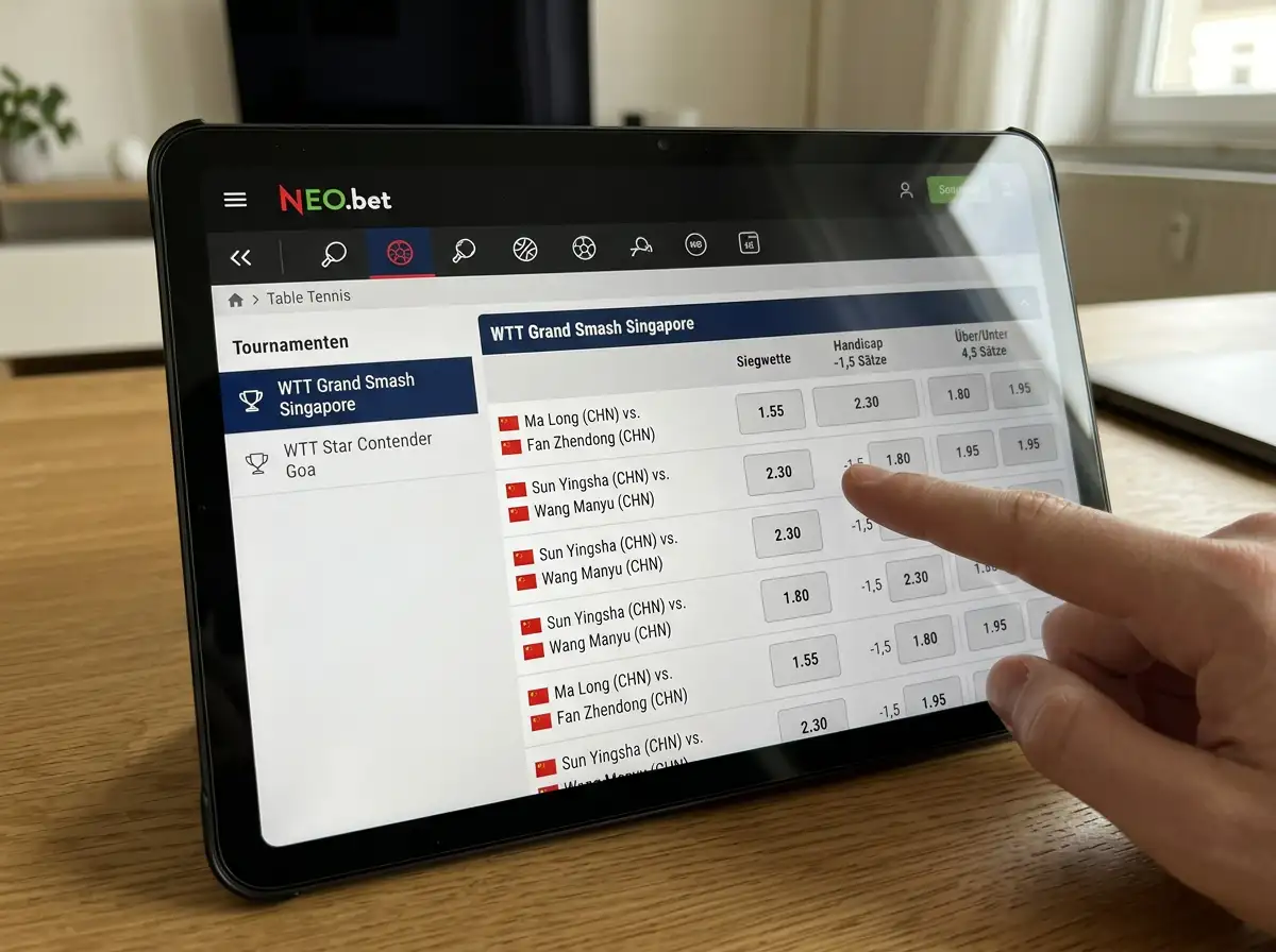 NEO.bet Tischtennis-Wettmarkt-Uebersicht auf einem Tablet mit WTT Grand Smash Maerkten und verfuegbaren Kombi-Optionen