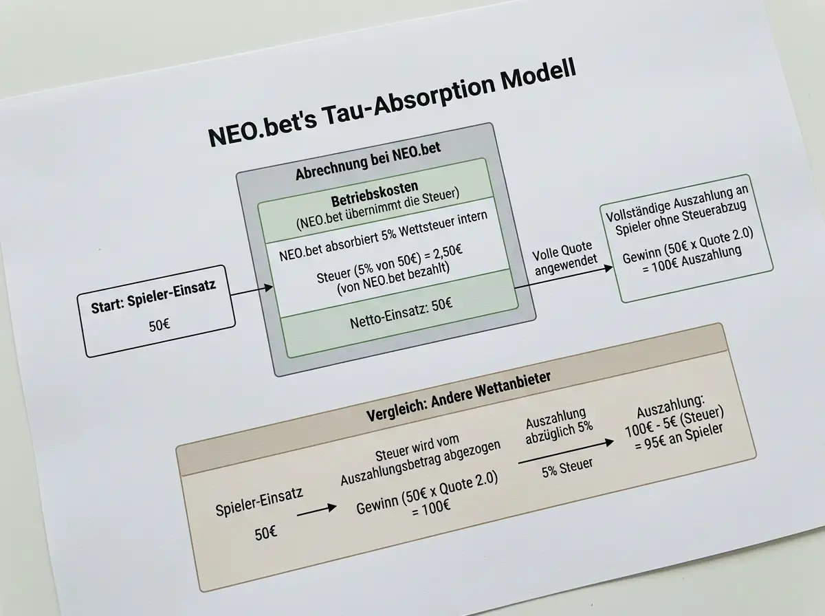 Schematische Darstellung wie NEO.bet die Sportwettensteuer intern abdeckt ohne sie vom Spieler-Einsatz bei Tischtennis-Kombiwetten abzuziehen