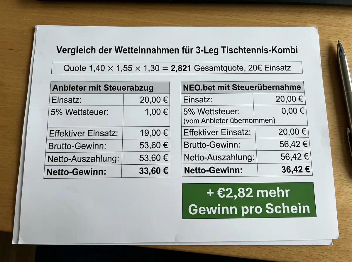 Vergleichsrechnung Nettoauszahlung einer Tischtennis-3er-Kombi bei NEO.bet mit Steueruebernahme versus Anbieter ohne Steueruebernahme