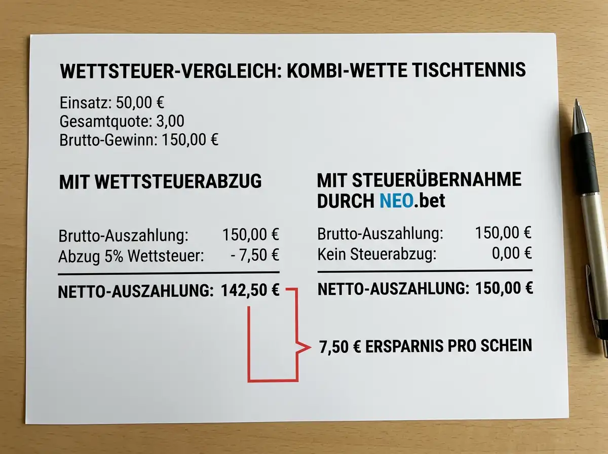 Rechenbeispiel der 5% Sportwettensteuer Auswirkung auf eine Tischtennis-Kombiwette mit und ohne Steueruebernahme durch den Anbieter