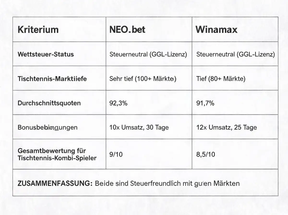 Vergleichstabelle von NEO.bet und Winamax als steuerneutrale GGL-lizenzierte Tischtennis-Wettanbieter mit Nettorendite-Gegenueberstallung