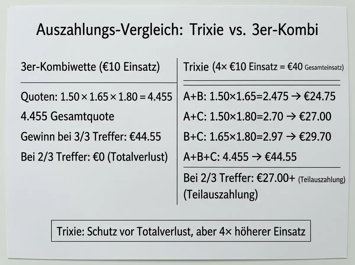 Auszahlungsstruktur-Vergleich Trixie Systemwette vs. 3er-Kombiwette auf Tischtennis mit konkretem Beispiel