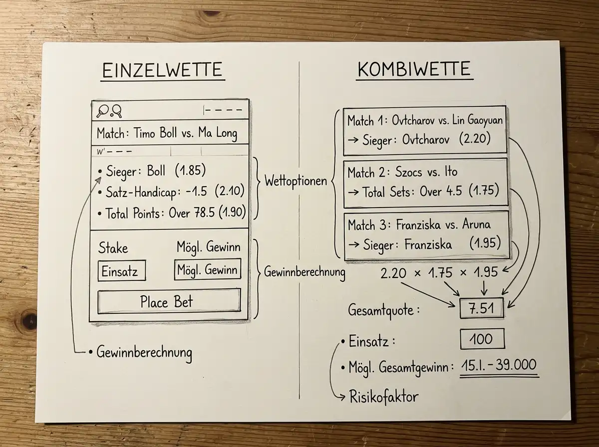 Vergleich Einzelwette und Kombiwette bei Tischtennis: Wettschein mit zwei verschiedenen Wettoptionen