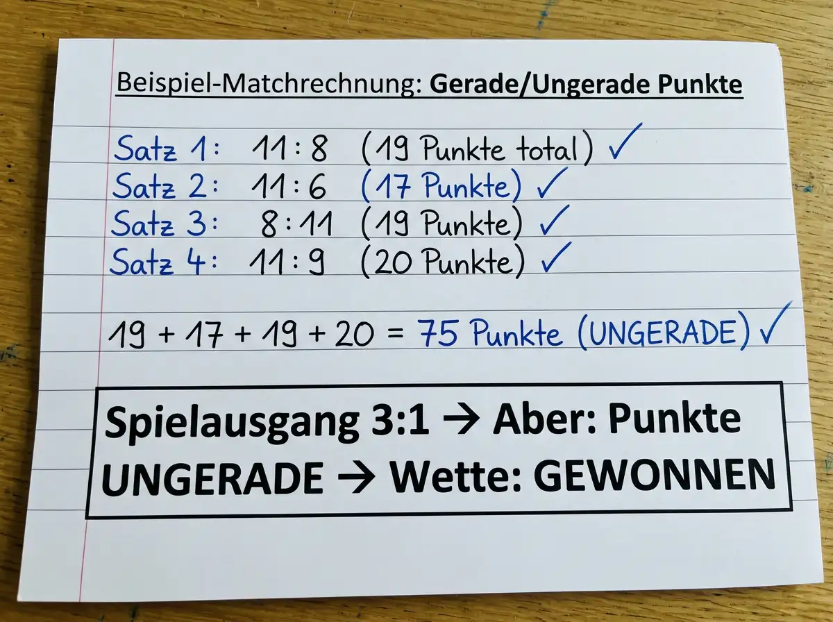 Erklärung des Gerade/Ungerade-Markts bei Tischtennis Wetten mit Beispielrechnung zur Gesamtpunktzahl