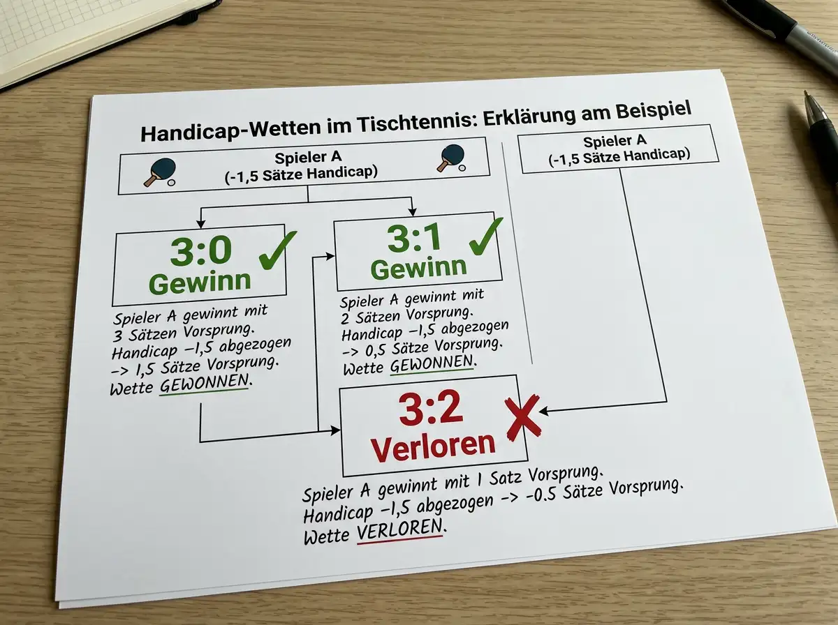 Erklaerungsdiagramm einer Tischtennis Handicap-Wette mit Satzstand 3:0 und 3:1 als Gewinner-Szenarien neben einem Wettschein