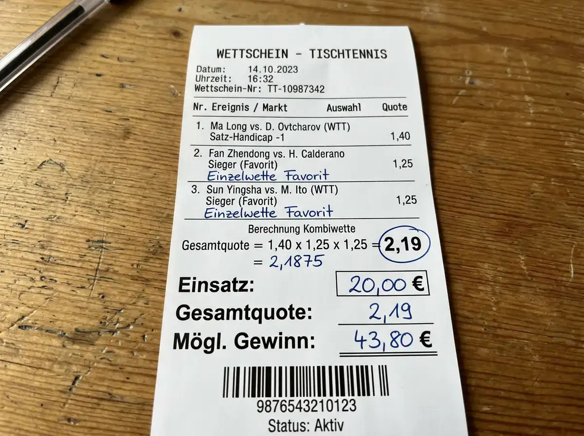 Wettschein mit drei Tischtennis-Auswahlen inklusive einem Handicap -1,5 Saetze Tipp und der berechneten Gesamtquote