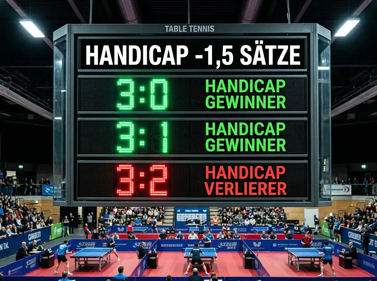 Tischtennis Anzeigetafel mit Satzstand 3:0 und 3:1 als Handicap-Gewinner sowie 3:2 als Handicap-Verlierer beim -1,5-Sätze-Markt