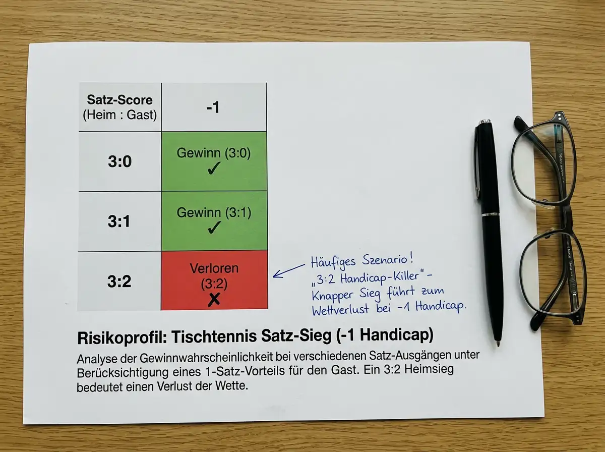 Risiko-Übersichtsdiagramm fuer Tischtennis Handicap-Wetten mit Satzstand-Szenarien und ihrer Auswirkung auf Handicap -1,5 und -2,5