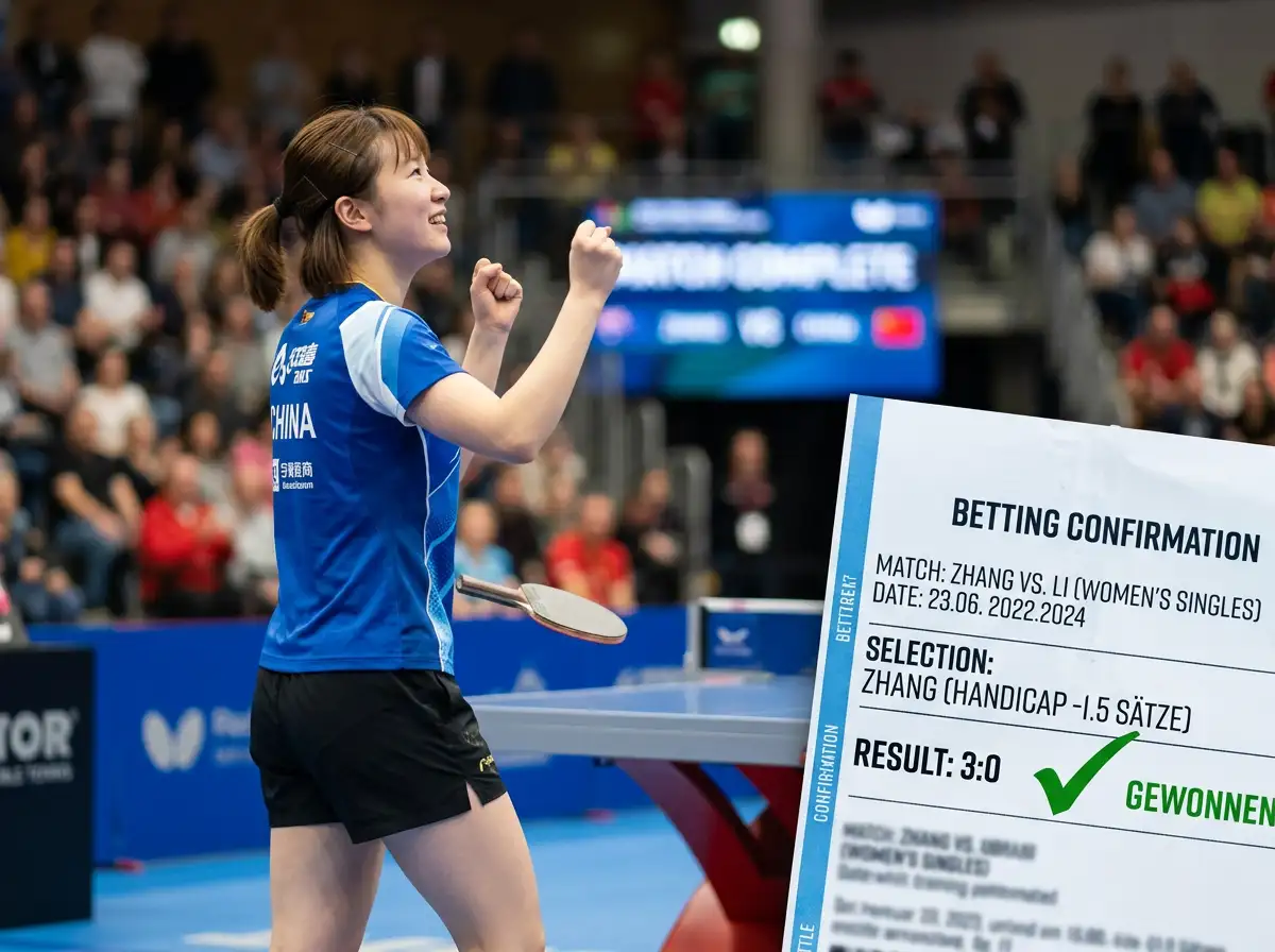 Tischtennis-Spieler feiert 3:0-Sieg, daneben Wettschein mit gewonnenem Handicap -1,5 Saetze Tipp