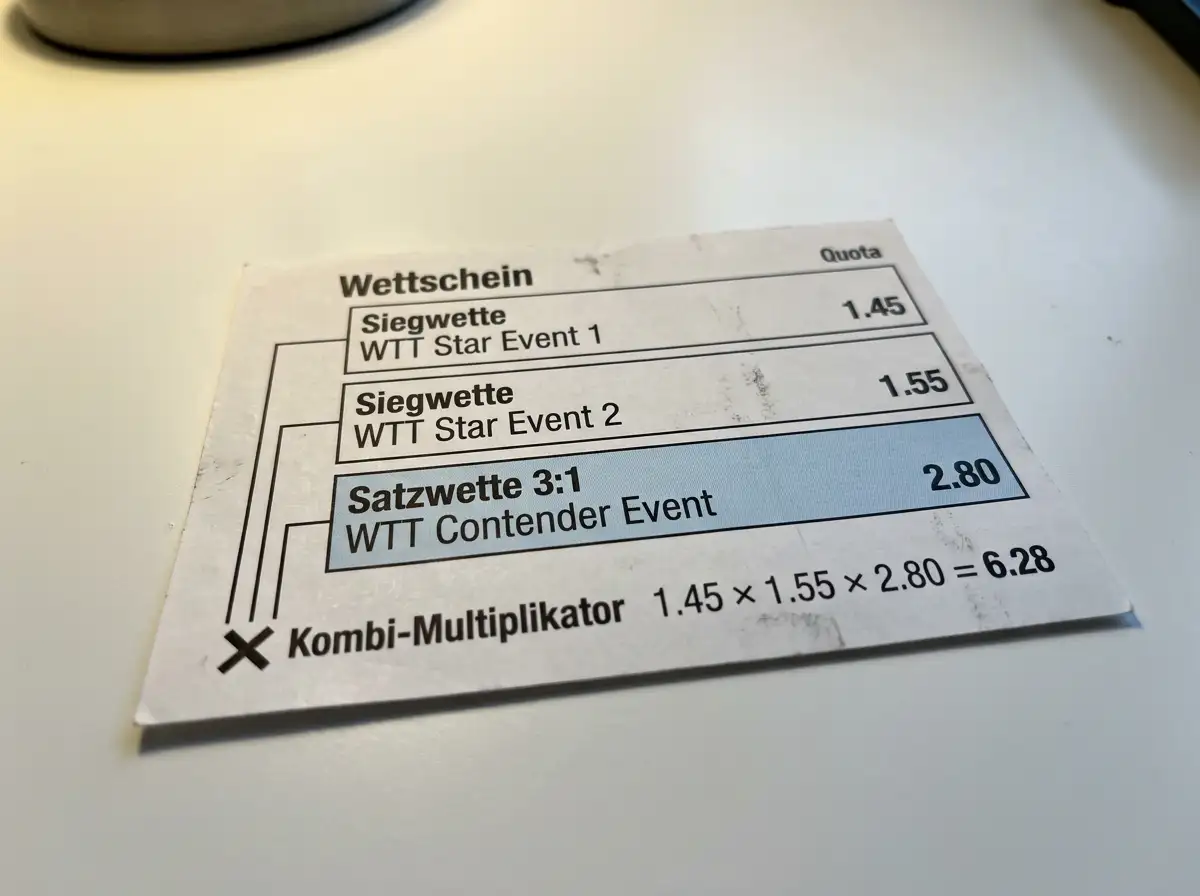 Tischtennis Kombiwette mit Satzwette als Quotenverstärker neben zwei Siegwetten auf dem Wettschein