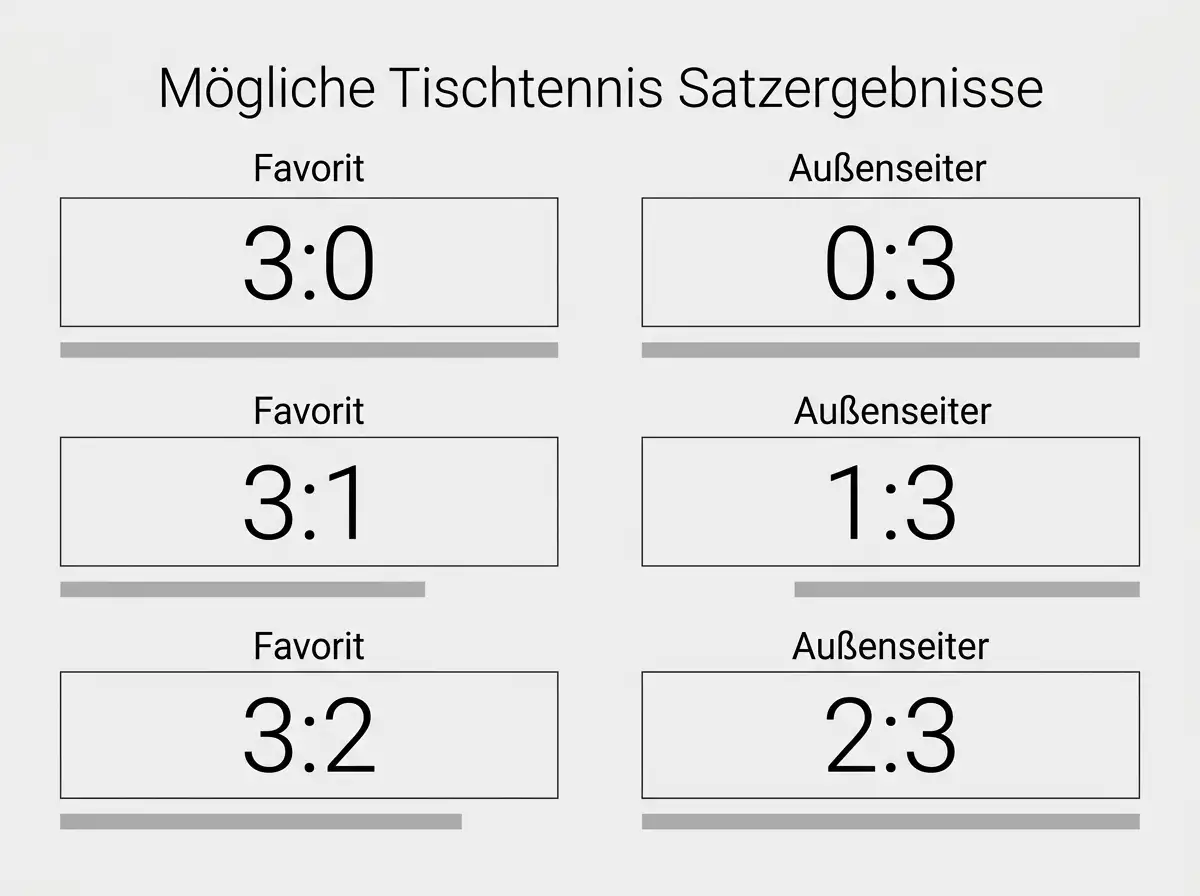 Übersicht der möglichen Tischtennis Satzwette-Ergebnisse 3:0, 3:1 und 3:2 mit Quotenrange