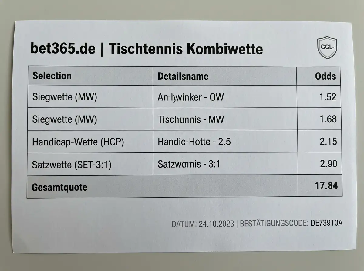 Aufbau eines Tischtennis Wettscheins mit Satzwette auf genaues Ergebnis bei GGL-lizenziertem Anbieter
