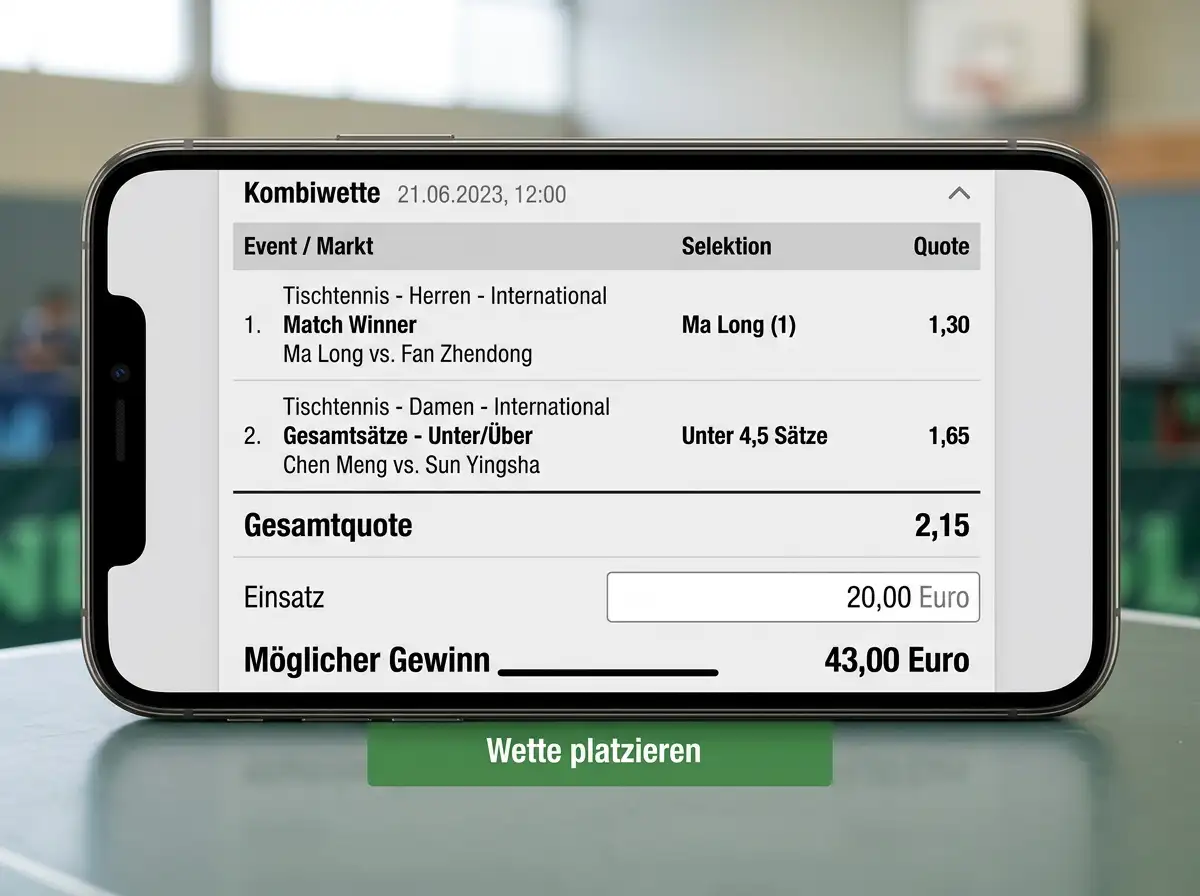 Digitaler Wettschein mit zwei Tischtennis-Auswahlen einer Siegwette und einem Unter 4,5 Saetze Tipp sowie berechneter Gesamtquote