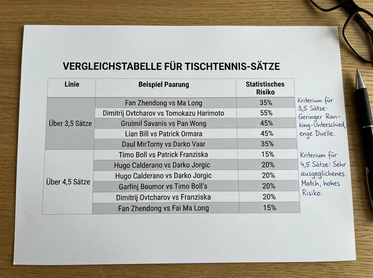 Vergleichstabelle der Tischtennis Satzlinien Ueber 3,5 und Ueber 4,5 mit Beispielpaarungen und statistischen Eintrittswahrscheinlichkeiten