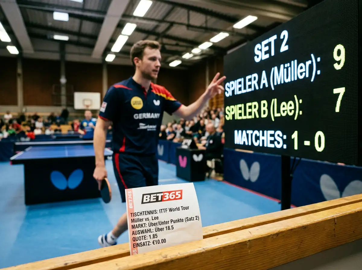 Tischtennis-Spieler zählt Punkte auf einer digitalen Anzeigetafel, daneben Wettschein mit Ueber-Unter-Punktemarkt-Auswahl