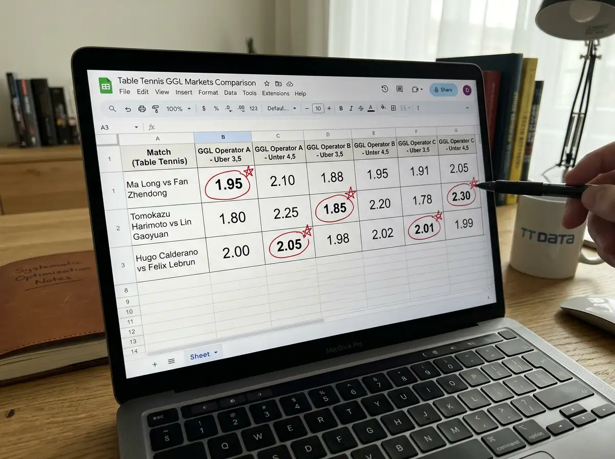Quotenvergleich der Tischtennis Ueber-Unter-Maerkte bei verschiedenen GGL-lizenzierten Anbietern auf einem Laptop-Bildschirm