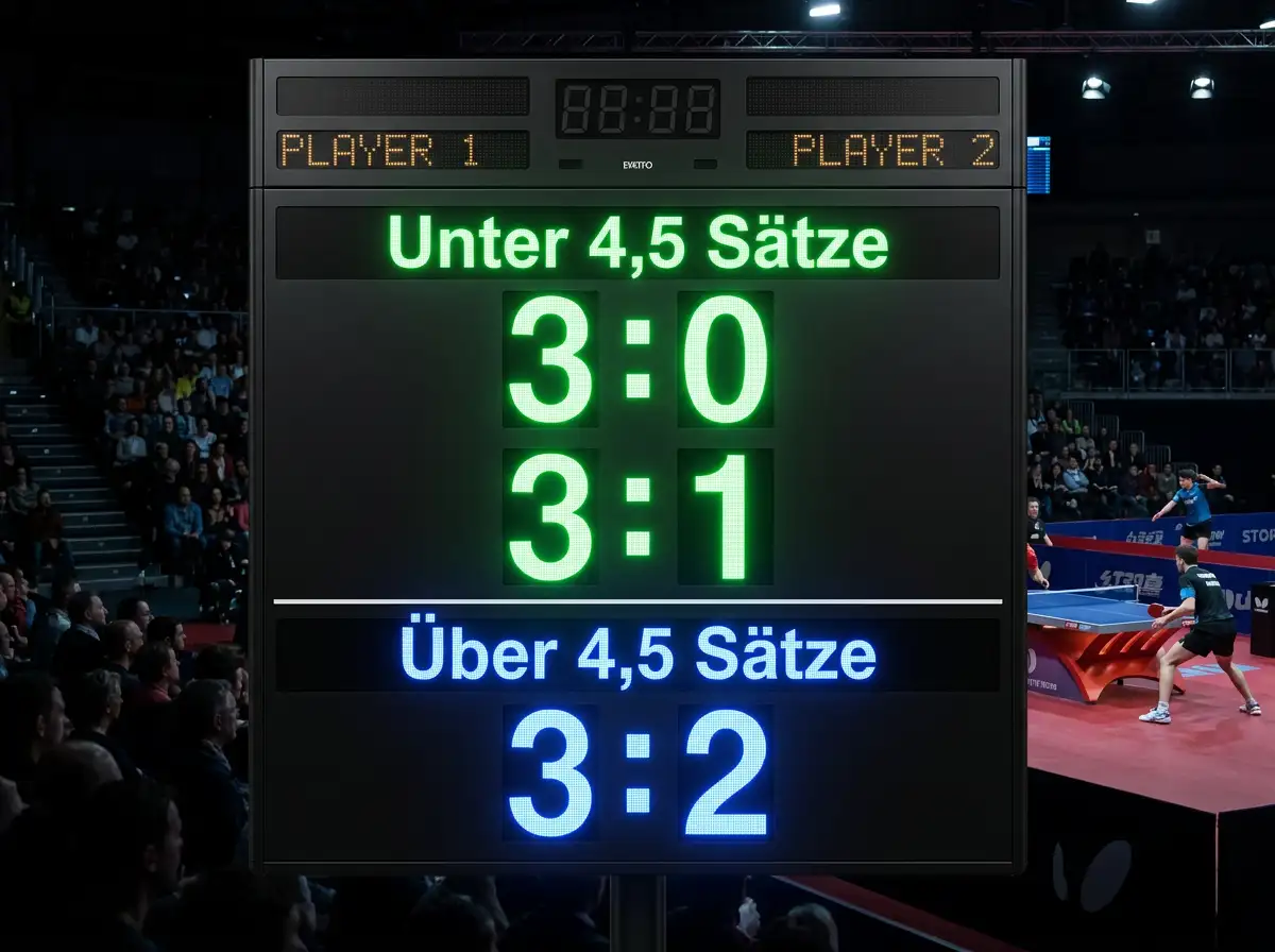 Tischtennis-Scoreboard mit Satzständen 3:0 und 3:1 als Beispiele fuer Unter 4,5 Saetze und 3:2 als Ueber 4,5 Saetze Ergebnis