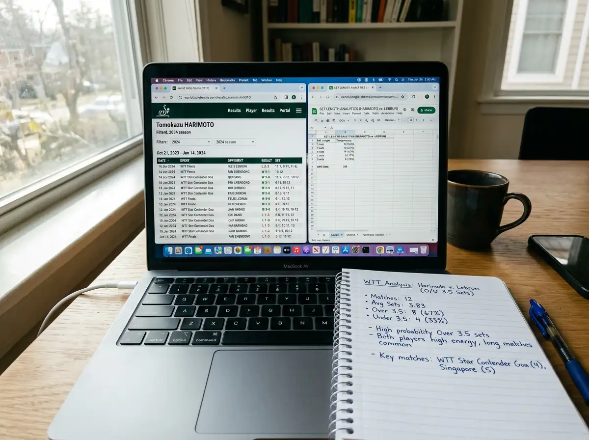 Laptop mit geoeffneter ITTF-Ergebnisdatenbank und statistischer Auswertung der Matchlaengen fuer Tischtennis Ueber-Unter-Analyse