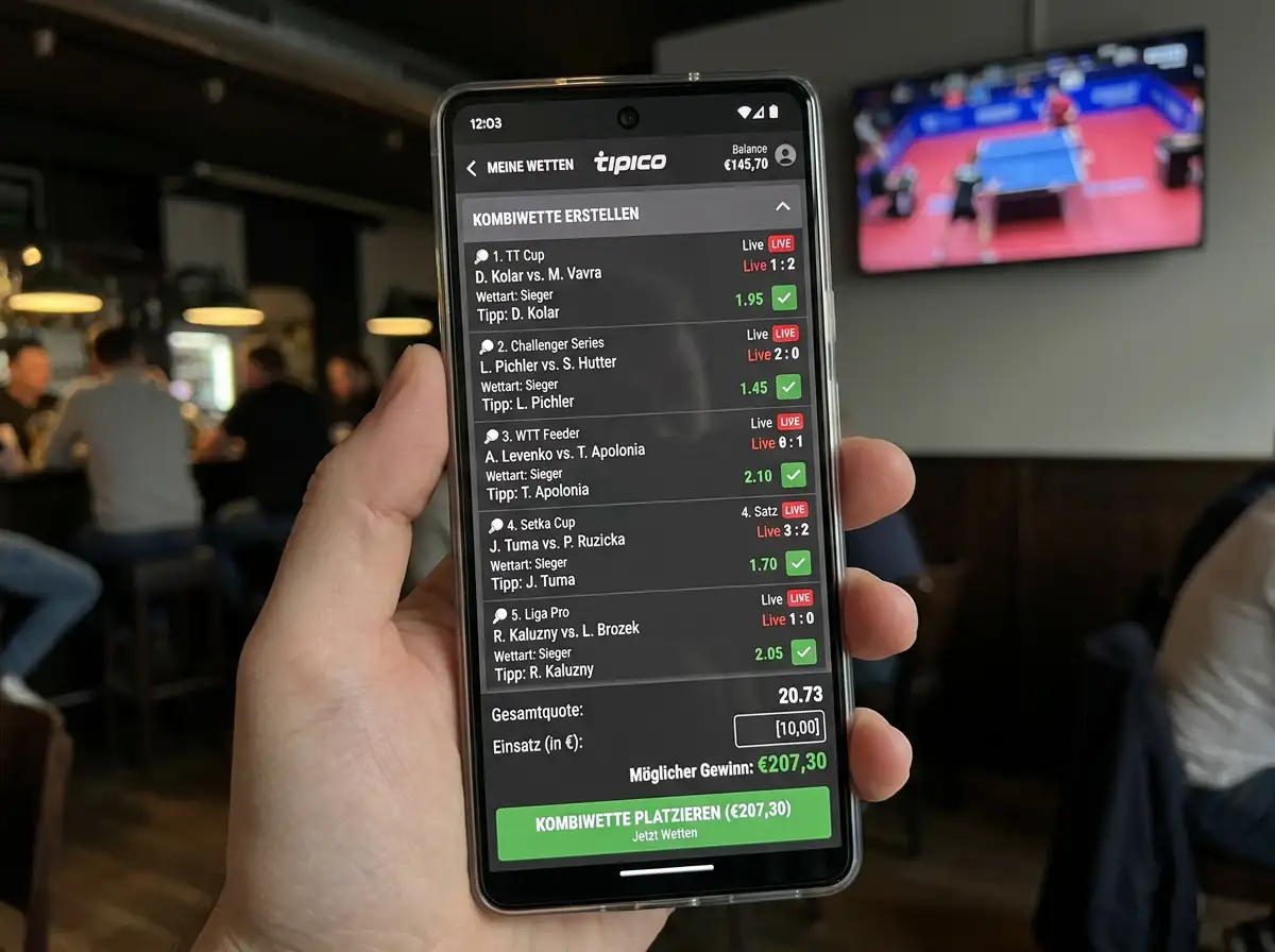 Tischtennis Wetten App Interface: Wettschein-Aufbau mit Live-Kombi-Selektionen auf mobilen Geräten