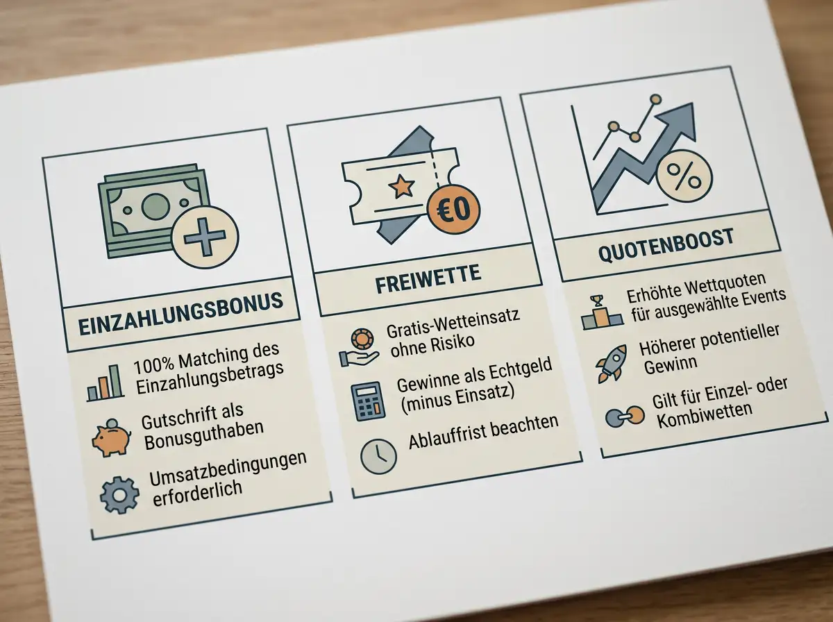 Drei Bonustypen bei Tischtennis Wetten: Einzahlungsbonus, Freiwette und Quotenboost im Vergleich