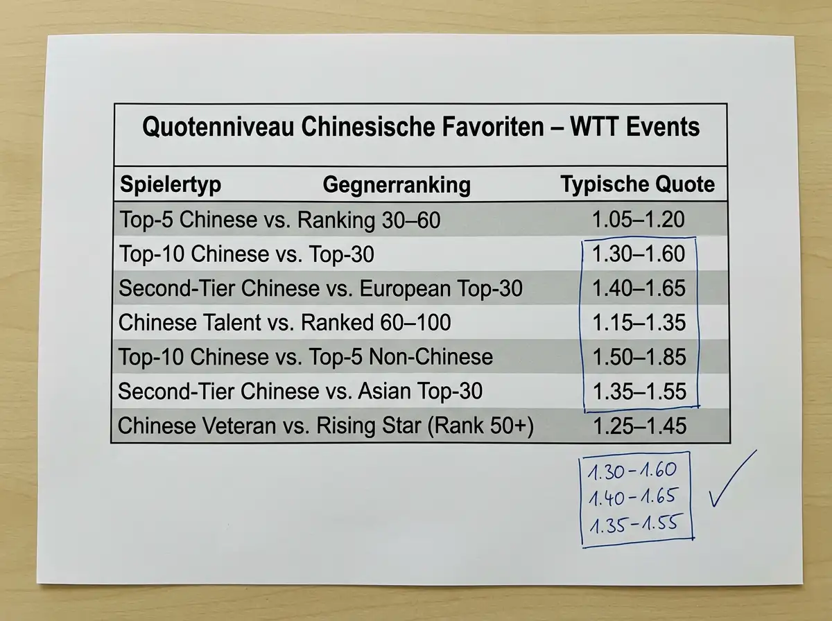 Quotenniveau chinesischer Tischtennis-Favoriten bei WTT-Events — zu niedrig für effiziente Kombiwetten