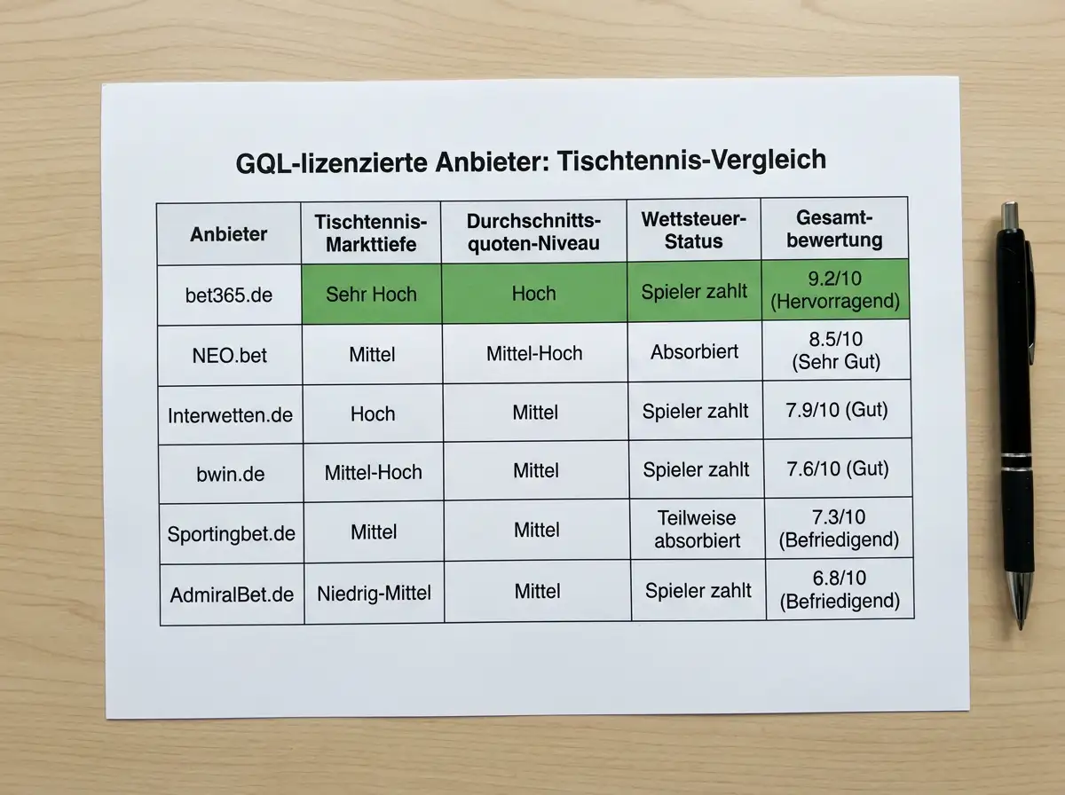Vergleichstabelle GGL-lizenzierter Tischtennis-Wettanbieter mit Quotenniveaus Wettsteuer-Status und Markttiefe-Einschaetzung