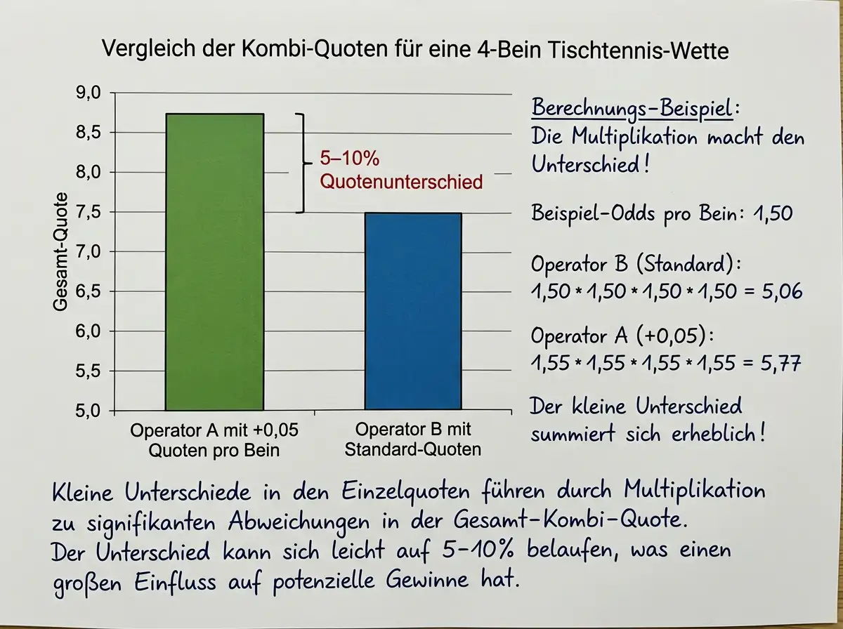 Diagramm das den Einfluss kleiner Quotenunterschiede auf die Gesamtquote einer 4-Bein Tischtennis-Kombiwette illustriert