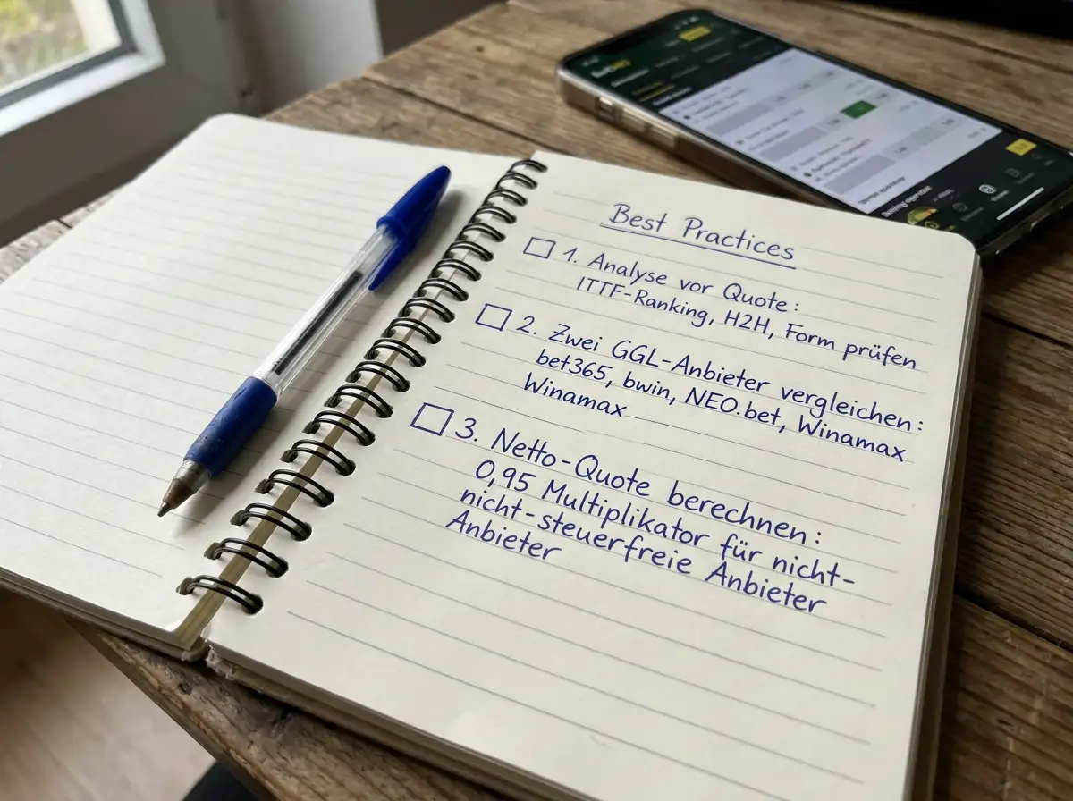 Checkliste der drei Quotenvergleich-Praktiken fuer Tischtennis-Kombiwetten auf einem Notizbuch neben einem Smartphone mit Wettanbieter-App