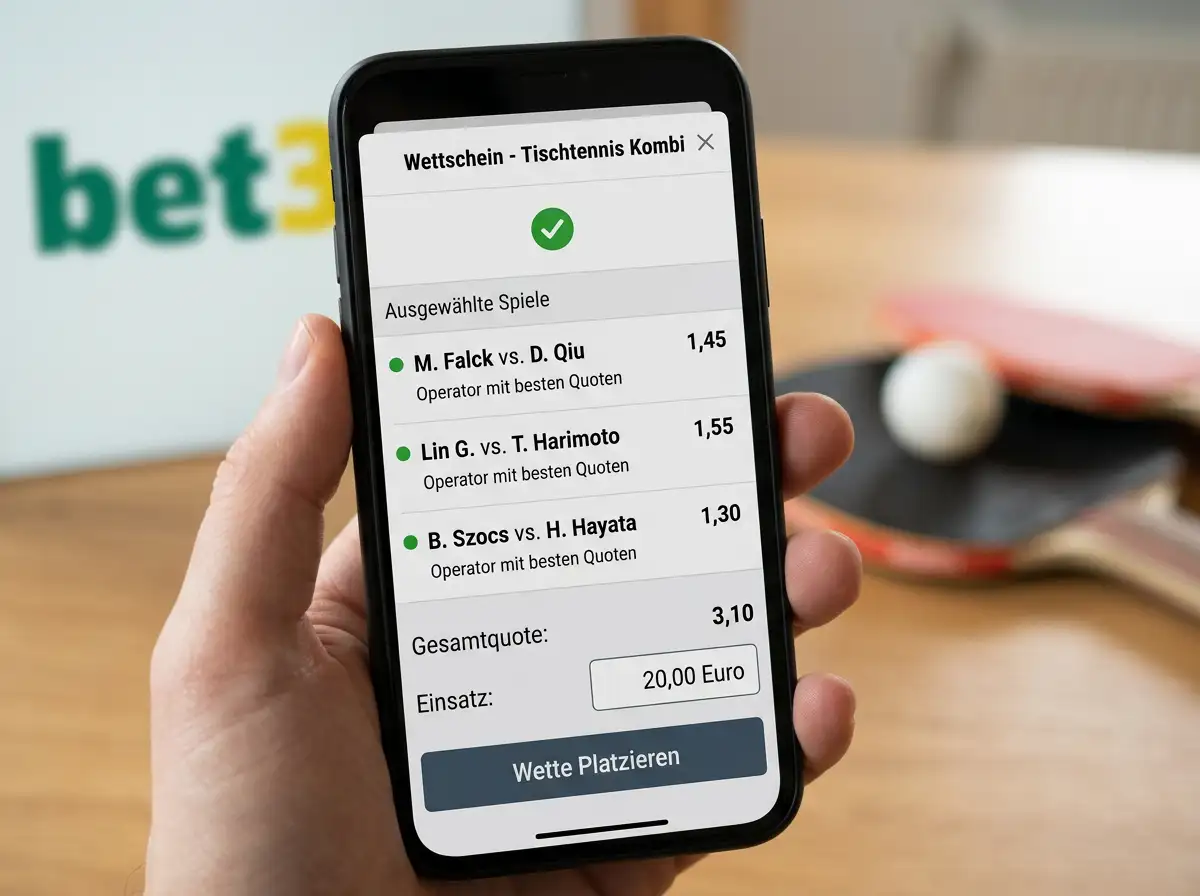 Smartphone mit Tischtennis-Kombiwetten-Schein und Gesamtquoten-Berechnung nach Quotenvergleich bei zwei GGL-Anbietern