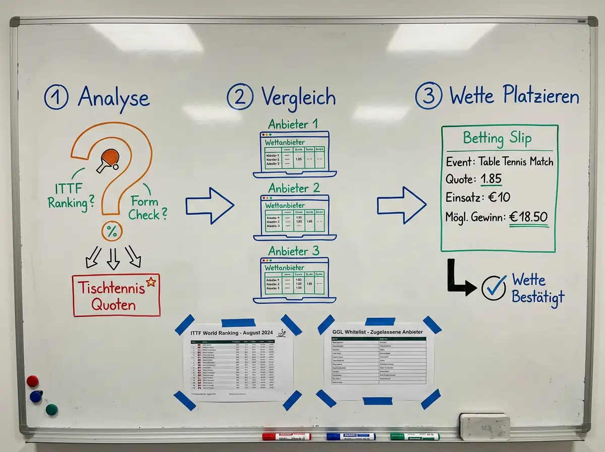 Dreischrittiger Quotenvergleich-Prozess auf einem Whiteboard mit Tischtennis-Wetten-Beispielen und GGL-Whitelist-Prüfung im Hintergrund