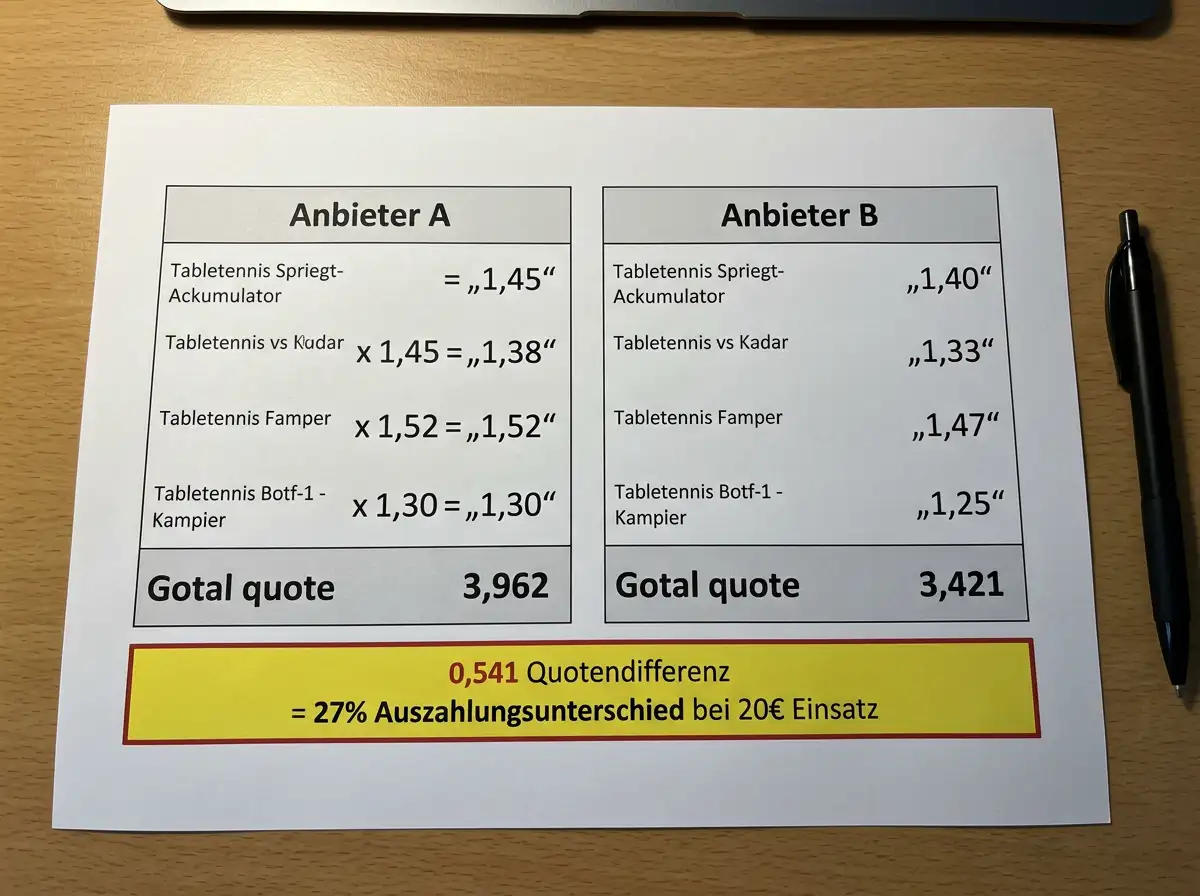 Rechenbeispiel-Tabelle mit zwei Tischtennis-Kombi-Varianten bei Anbieter A und B mit berechneter Gesamtquoten-Differenz