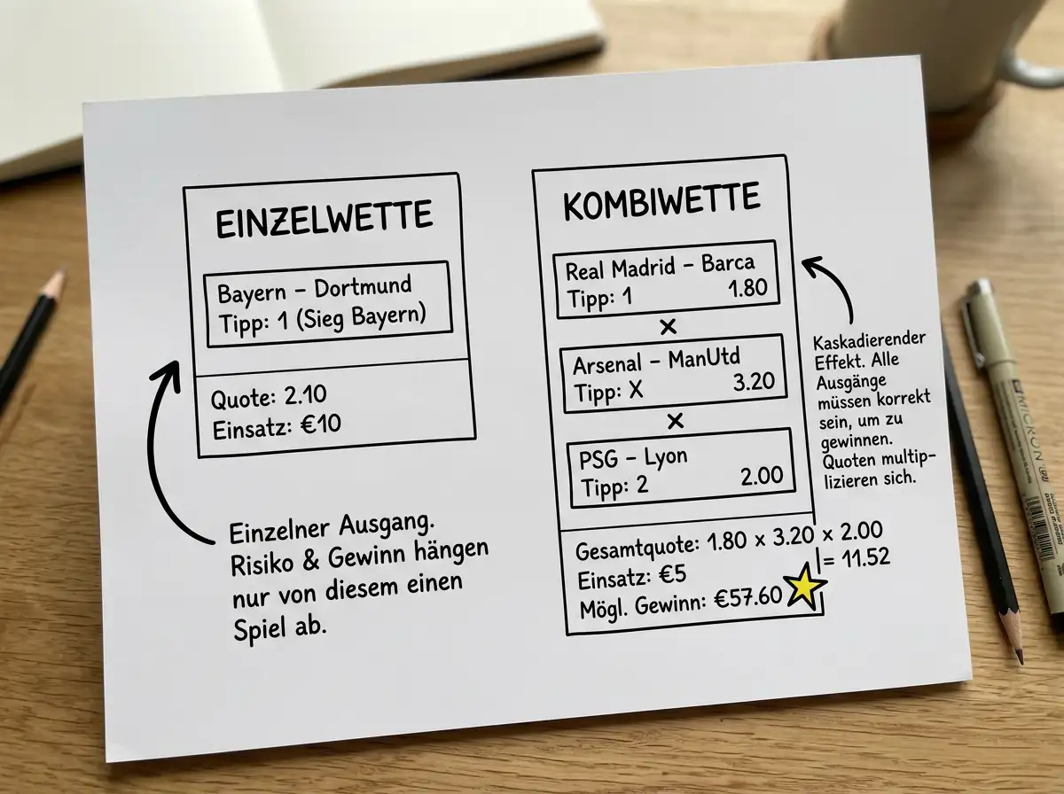 Schematischer Vergleich einer Einzelwette und einer Kombiwette auf einem Wettschein mit zwei Tischtennis-Matches