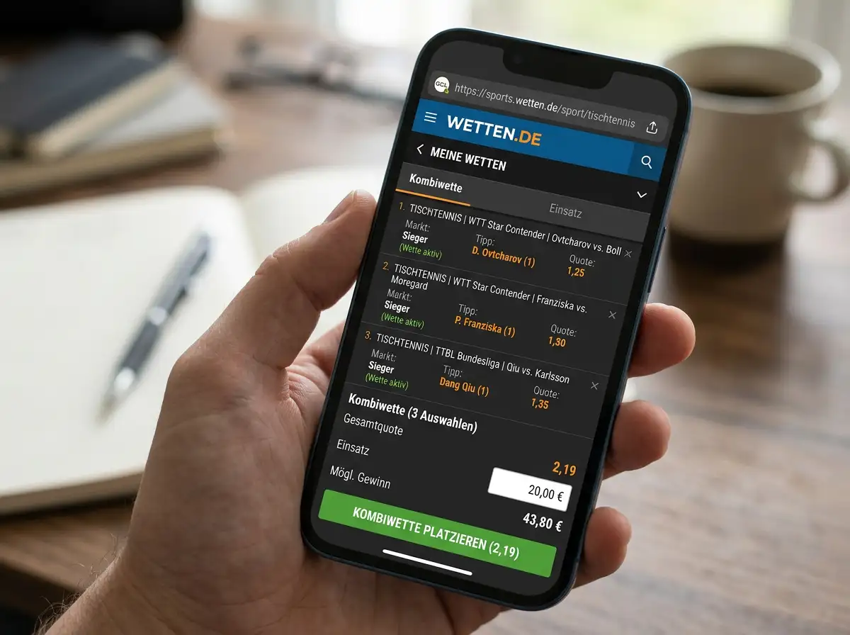 Smartphone-Bildschirm mit ausgefuelltem Tischtennis-Kombiwetten-Schein auf einem GGL-lizenzierten Portal