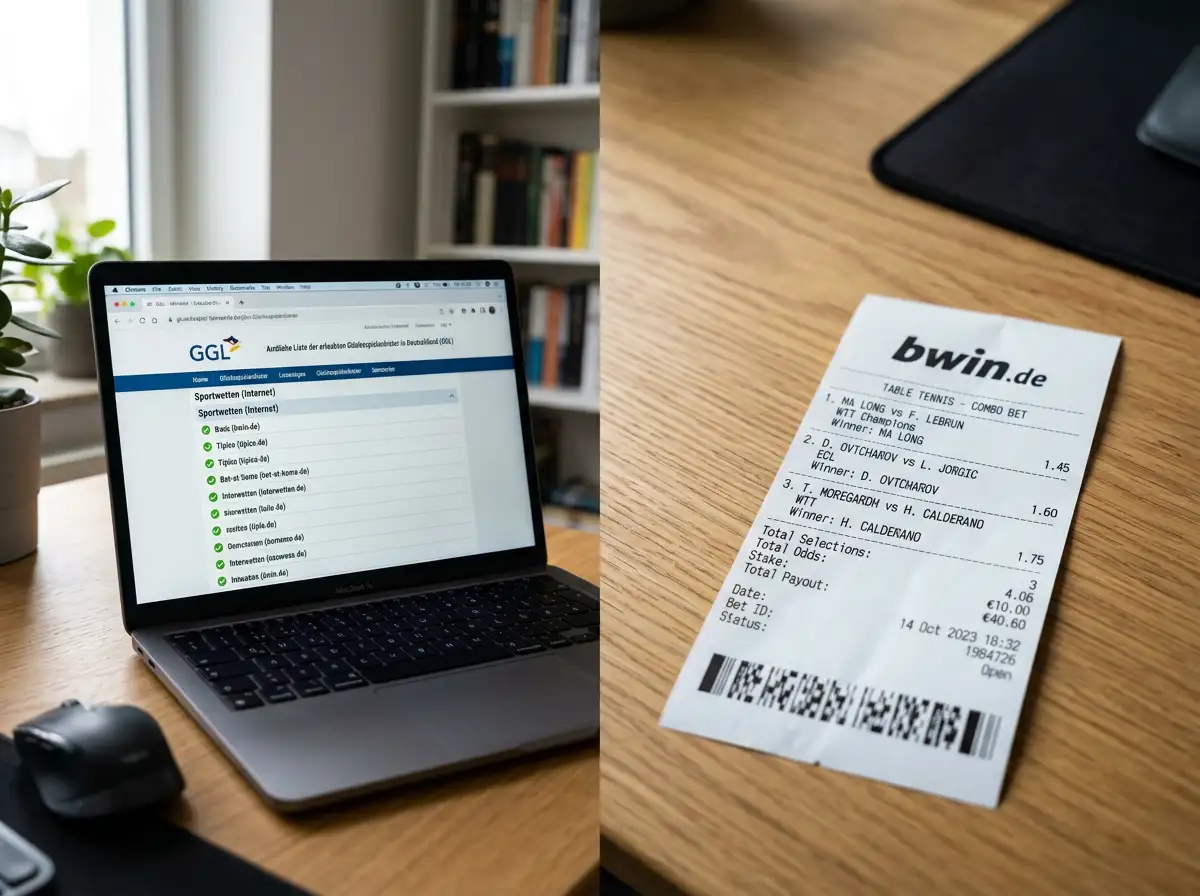 GGL-Whitelist auf einem Bildschirm neben einem ausgefuellten Tischtennis-Wettschein auf einem lizenzierten Anbieter-Portal