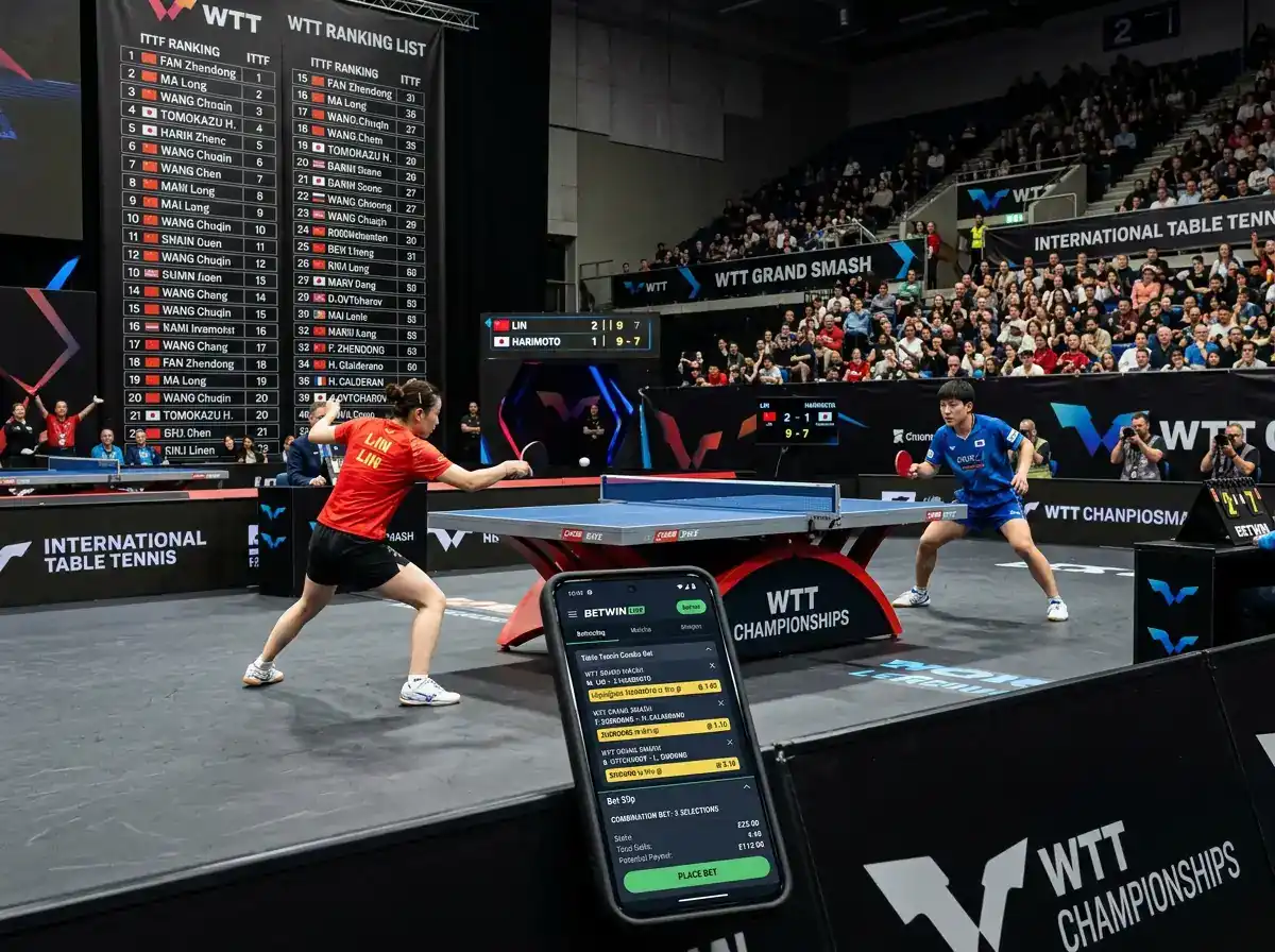 Tischtennis-Match-Szene mit ITTF-Weltrangliste im Hintergrund und Kombiwetten-Auswahl auf einem Mobiltelefon