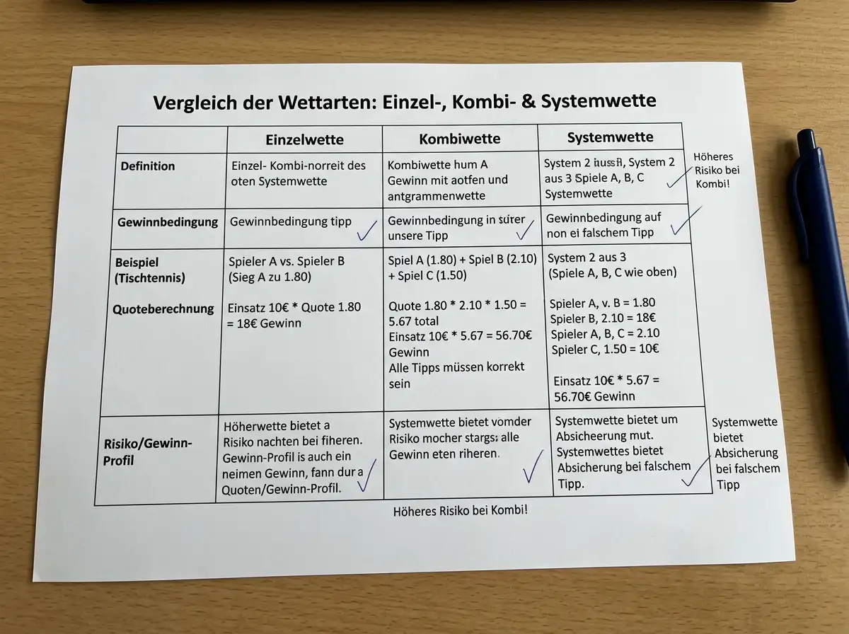 Uebersichtstabelle der drei Wettformen Einzelwette Kombiwette und Systemwette mit Tischtennis-Beispielen